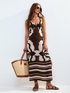 New Look Brown Leaf Print Halter Neck Back Ring Midi Dress