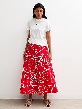 New Look Red Shell Print Poplin Tiered Midi Skirt