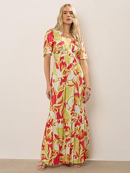 Long Tall Sally Tall Coral Red Abstract Palm Flutter Maxi Dress