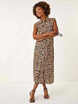 Roman Animal Print Gathered Shirt Dress - Tan