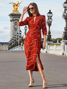 Sosandar Red Chain Print Keyhole Detail Midi Dress - Red