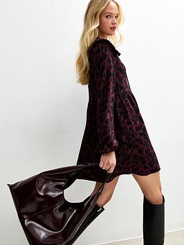 New Look Dark Red Animal Print Oversized Collar Mini Dress