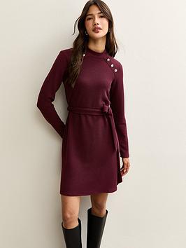 New Look Belted Long Sleeve Woven Mini Dress - Burgundy