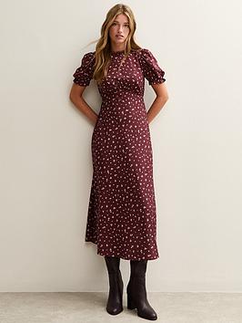 New Look Ditsy Print Puff Sleeve Midi Dress - Red