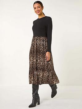 Roman 2 In 1 Animal Print Stretch Midi Dress - Beige