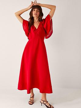 Monsoon Patricia Ruffle Sleeve Midi Dress Red - Red