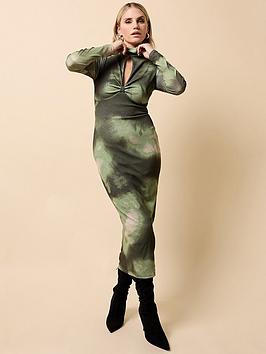 Little Mistress Khaki Print Keyhole Midaxi Dress - Green