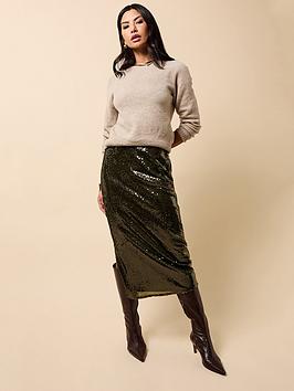 Little Mistress Khaki Sequin Midaxi Skirt - Green