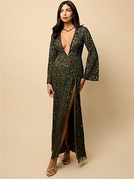 Little Mistress Olive Wrap Embellished Maxi Dress