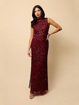 Little Mistress High Neck Open Back Embellished Maxi Dress - Red