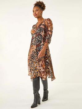 Roman Animal Print Hanky Hem Dress - Brown