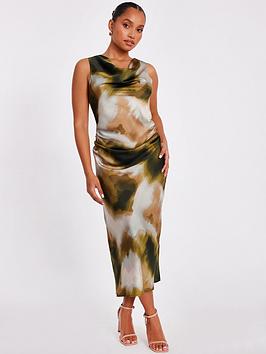 Quiz Petite Khaki Satin Printed Midaxi Dress