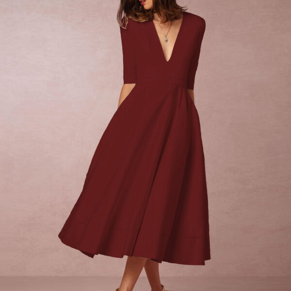 Plunge Midi Dress Half Sleeves Pockets A-Line Prom Dresses In Burgundy