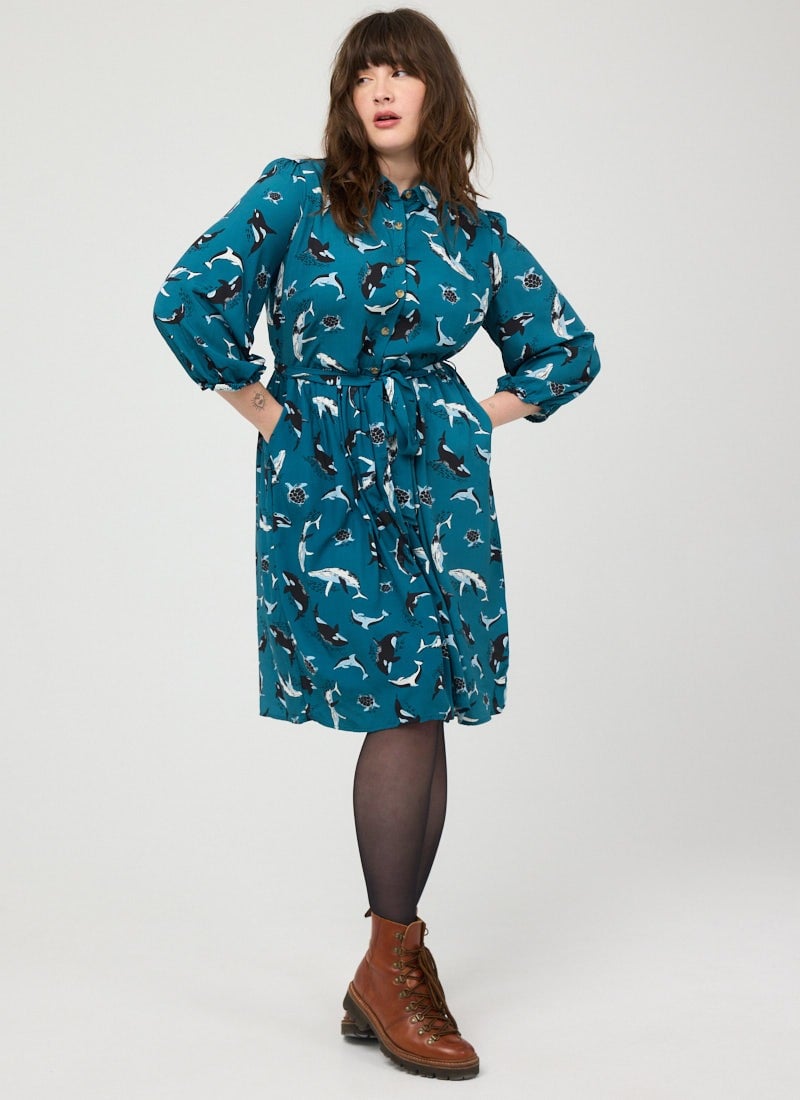 Joanie Clothing Andi Sea Life Print Shirt Dress - UK 26 (Blue)