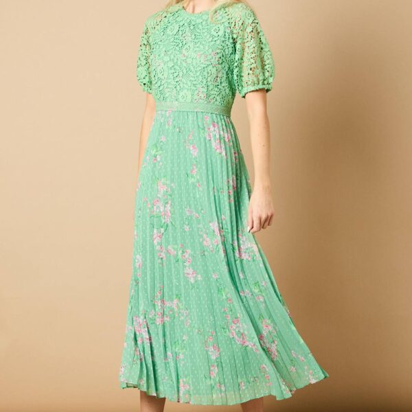 Occasion Floral Lace Bodice Pleated Midi Dress