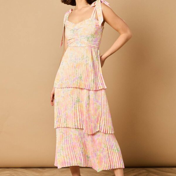 Ditsy Floral Pleated Tie Shoulder Midi Dress