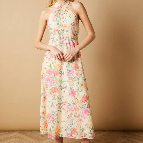 Occasion Floral Halterneck Jacquard Midi Dress