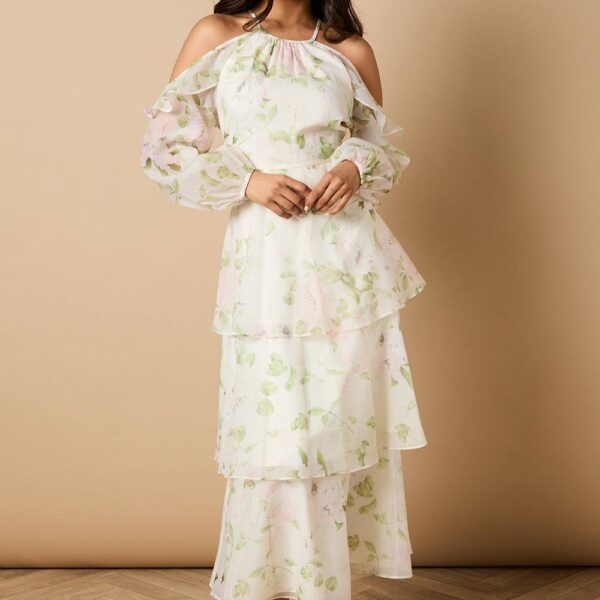 Petite Rose Floral Organza Cold Shoulder Midi Dress