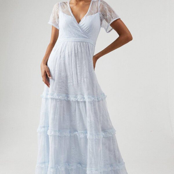 Delicate Lace Trim Insert Tiered Maxi Bridesmaid Dresslight blue