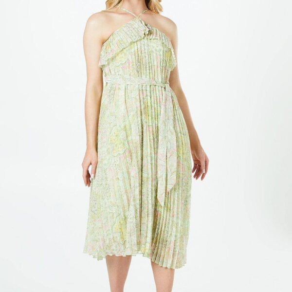 Pleated Halterneck Double Layer Midi Dress