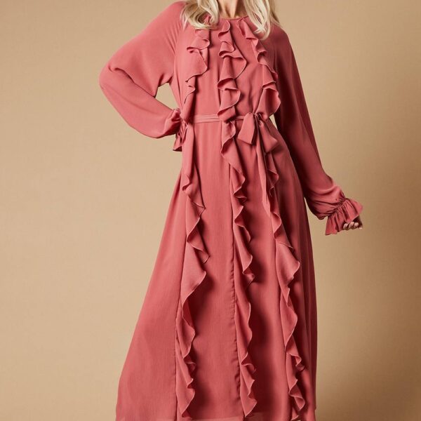 Ruffle Chiffon Belted Midi Dress