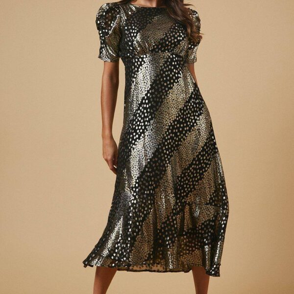 Petite Occasion Metallic Puff Sleeve Midaxi Dress