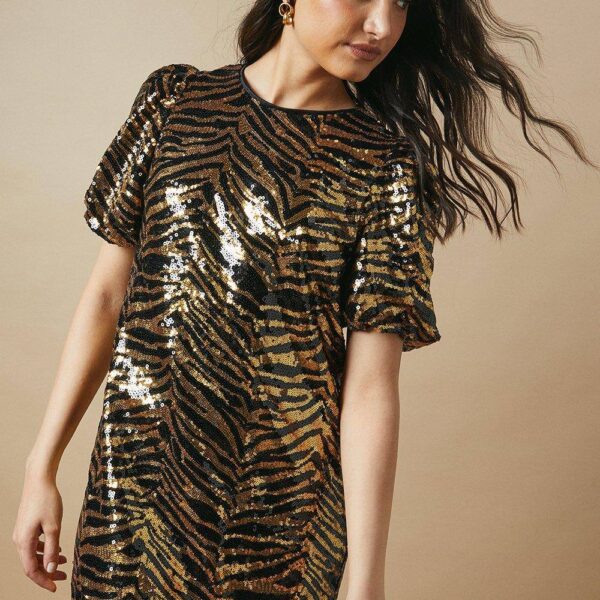 Petite Occasion Animal Sequin Puff Sleeve Mini Dress