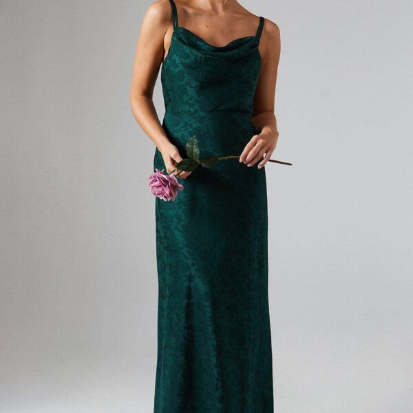 Double Strap Cowl Neck Satin Jacquard Bridesmaid Dress