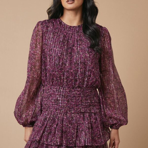Ditsy Metallic Chiffon Tiered Mini Dress