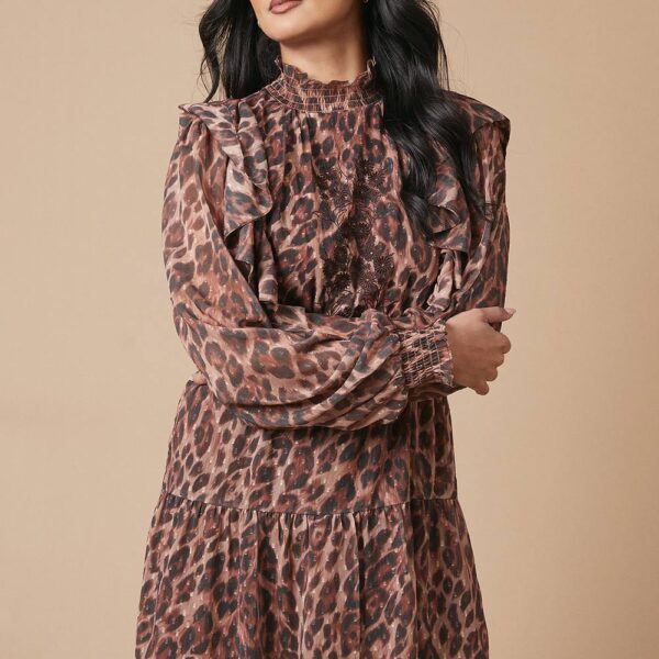 Animal Print Embroidered Dobby Chiffon Mini Dress