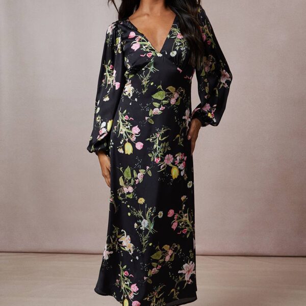 Occasion Floral Cross Back Satin Midaxi Dressblack