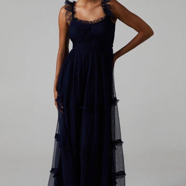 Flutter Sleeve Tiered Mesh Bridesmaid Dress