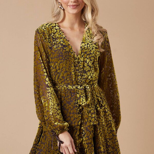 Velvet Long Sleeve Button Detail Mini Dress