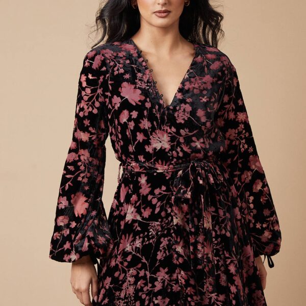 Velvet Long Sleeve Button Detail Mini Dress