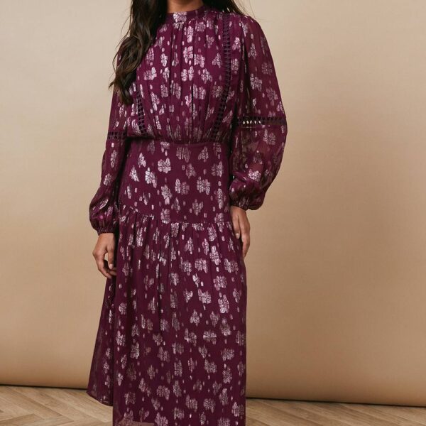 Metallic Jacquard Ladder Insert Midi Dresspink