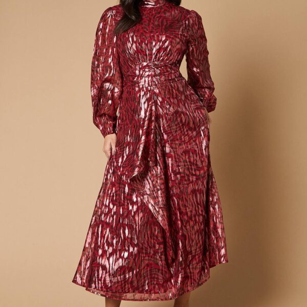 Metallic Jacquard Ruffle Front Dress
