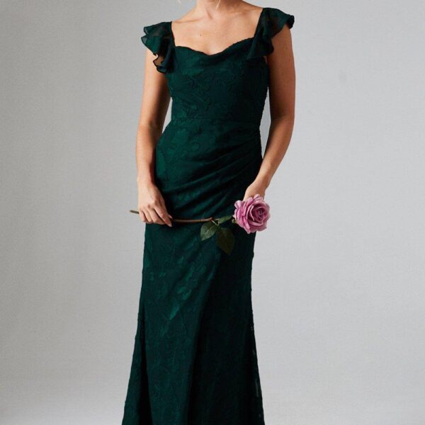 Floral Detail Fabric Ruche Front Maxi Bridesmaid Maxi Dress