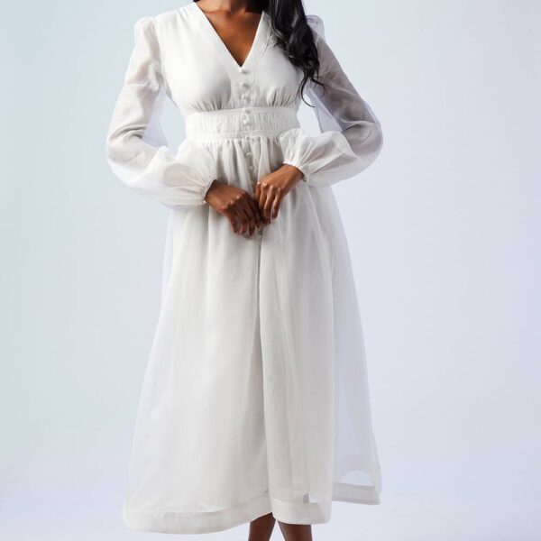 Organza V Neck Button Through Bridal Midi Dress