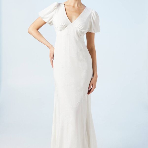 V Neck Puff Sleeve Satin Jacquard Wedding Dress