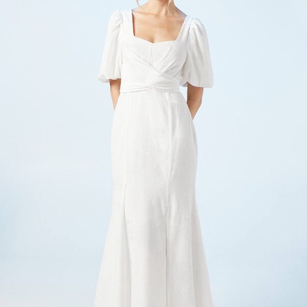 Puff Sleeve Satin Jacquard Wrap Waist Wedding Dress