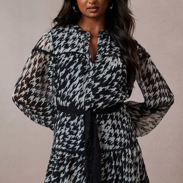 Dogtooth Chiffon Contrast Belted Mini Dress