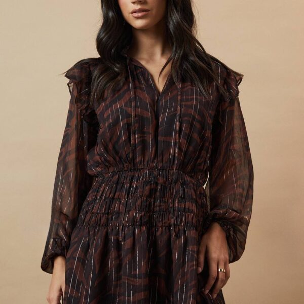 Metallic Chiffon Shirred Mini Dress
