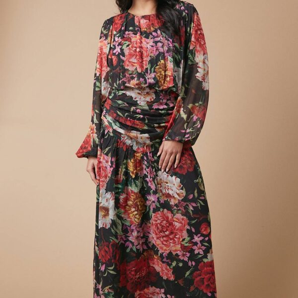 Floral Chiffon Gathered Ruched Midi Dress