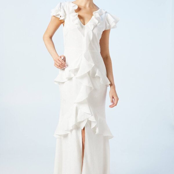 V Neck Ruffle Floral Chiffon Wedding Dress