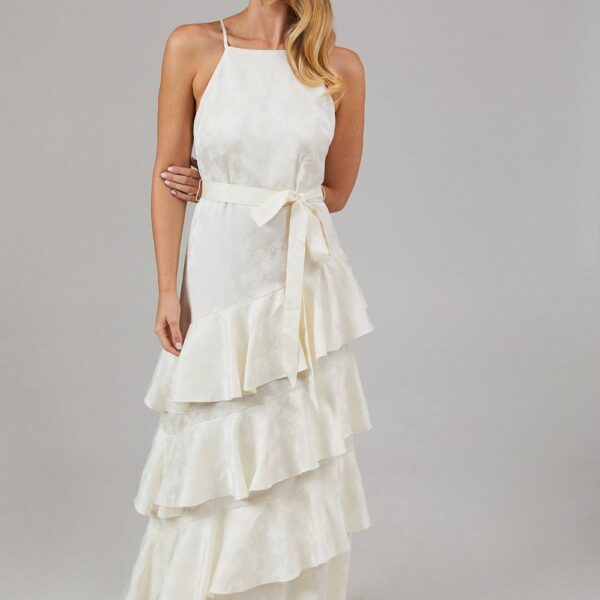 Satin Jacquard Ruffle Halter Neck Bridesmaid Dress