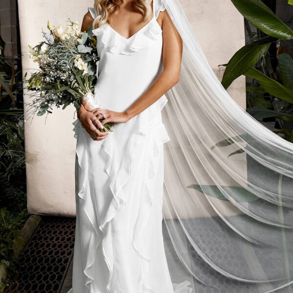 Flutter Sleeve Ruffle Detail Chiffon Bridal Maxi Dress