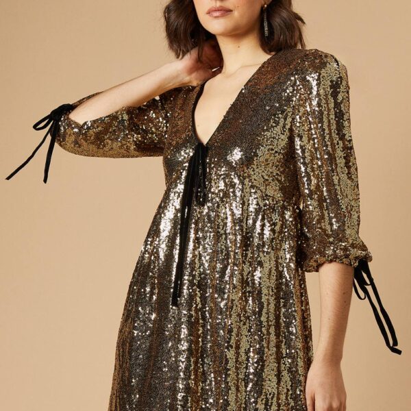 Sequin Velvet Bow Puff Sleeve Mini Dressgold