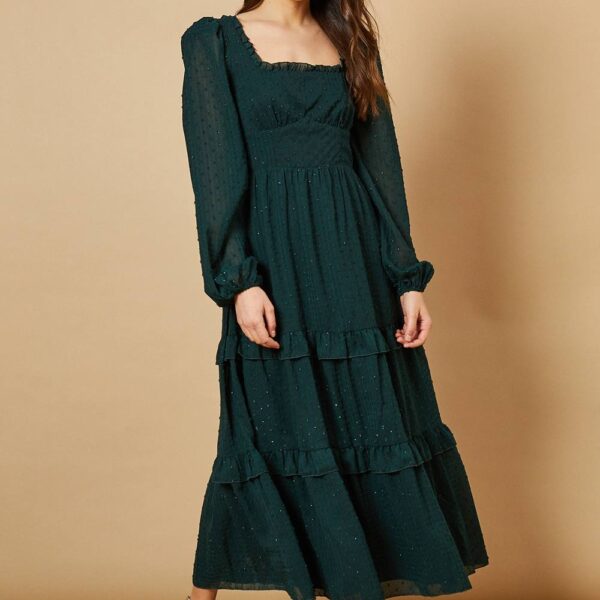 Burnout Chiffon Tie Detail Ruffle Tiered Midi Dress