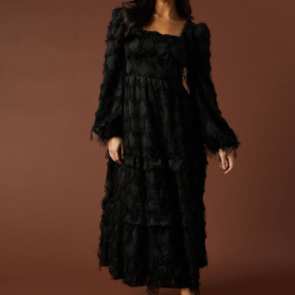Burnout Chiffon Tie Detail Ruffle Tiered Midi Dress
