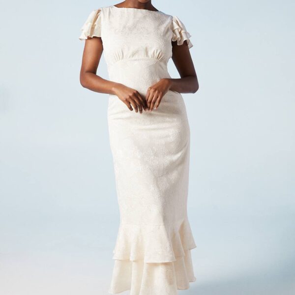 Satin Jacquard Flutter Sleeve Wedding Maxi Dress